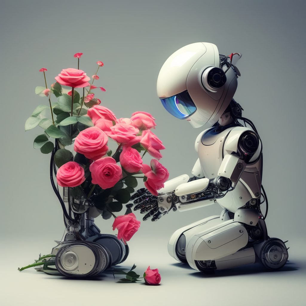 un robot generado por inteligencia artificial crea imágenes, arreglando flores rosas.