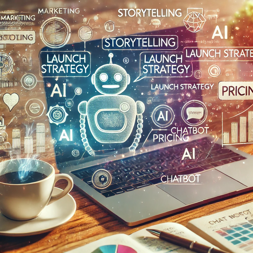 Espacio de trabajo digital con prompts de ChatGPT en una laptop, notas de marketing con palabras clave como storytelling y estrategia de precios, representando la automatización de campañas de marketing con inteligencia artificial.