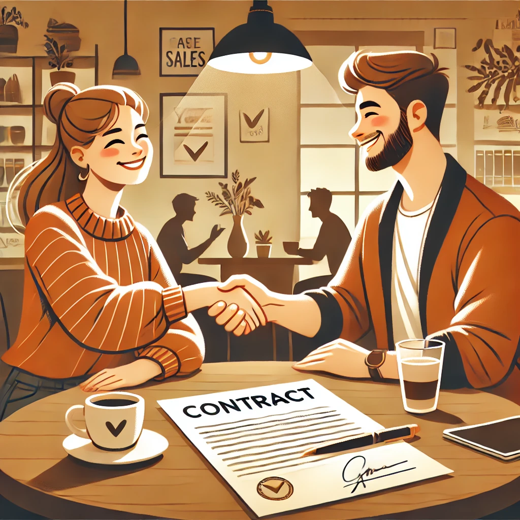 Ilustración de un cierre comercial , mostrando a dos personas estrechando manos tras firmar un contrato.