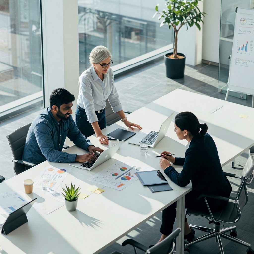 Equipo de profesionales colaborando en estrategias de Marketing B2B en una oficina moderna y luminosa. Sesión de brainstorming con laptops y tablets, enfocados en el éxito empresarial.