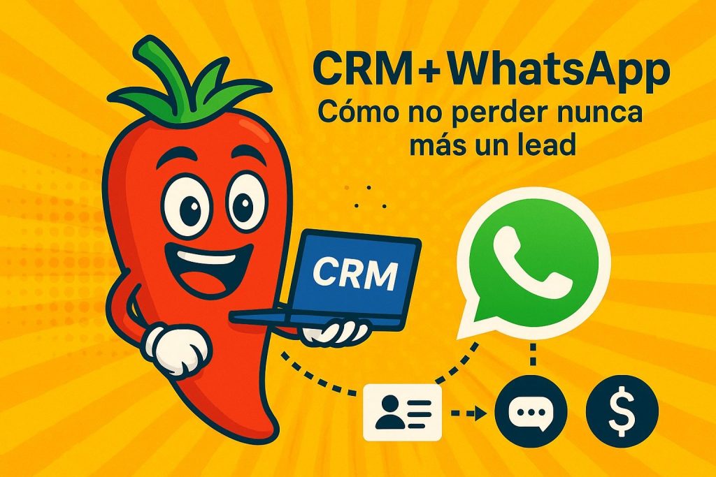 Ilustración colorida de un personaje en forma de ají picante usando una laptop con la palabra CRM, representando la integración entre WhatsApp y un CRM para mejorar la gestión de leads.