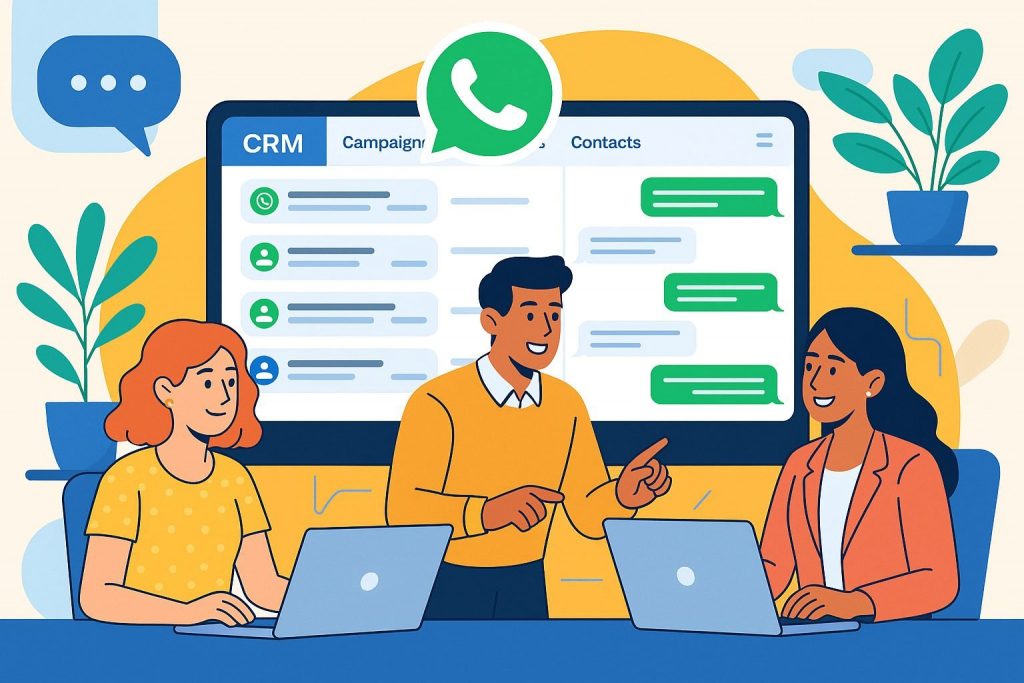 Tres profesionales utilizando un CRM con WhatsApp integrado en una oficina moderna, mostrando chats activos y funciones clave del sistema, ideal para pymes.