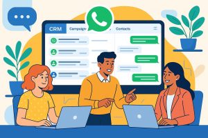 Tres profesionales utilizando un CRM con WhatsApp integrado en una oficina moderna, mostrando chats activos y funciones clave del sistema, ideal para pymes.