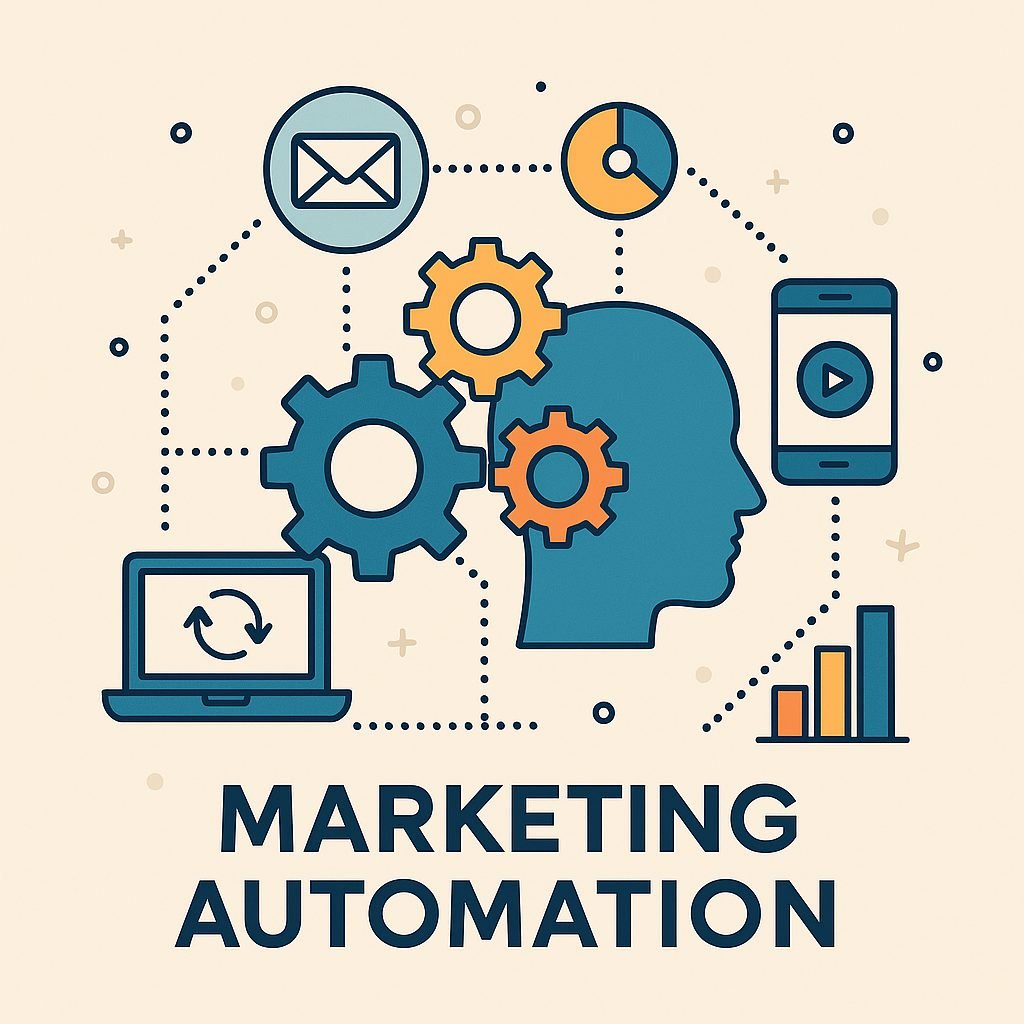 Ilustración sobre automatización del marketing con engranajes, correo electrónico, gráficos y dispositivos conectados, representando procesos digitales sin necesidad de un equipo grande