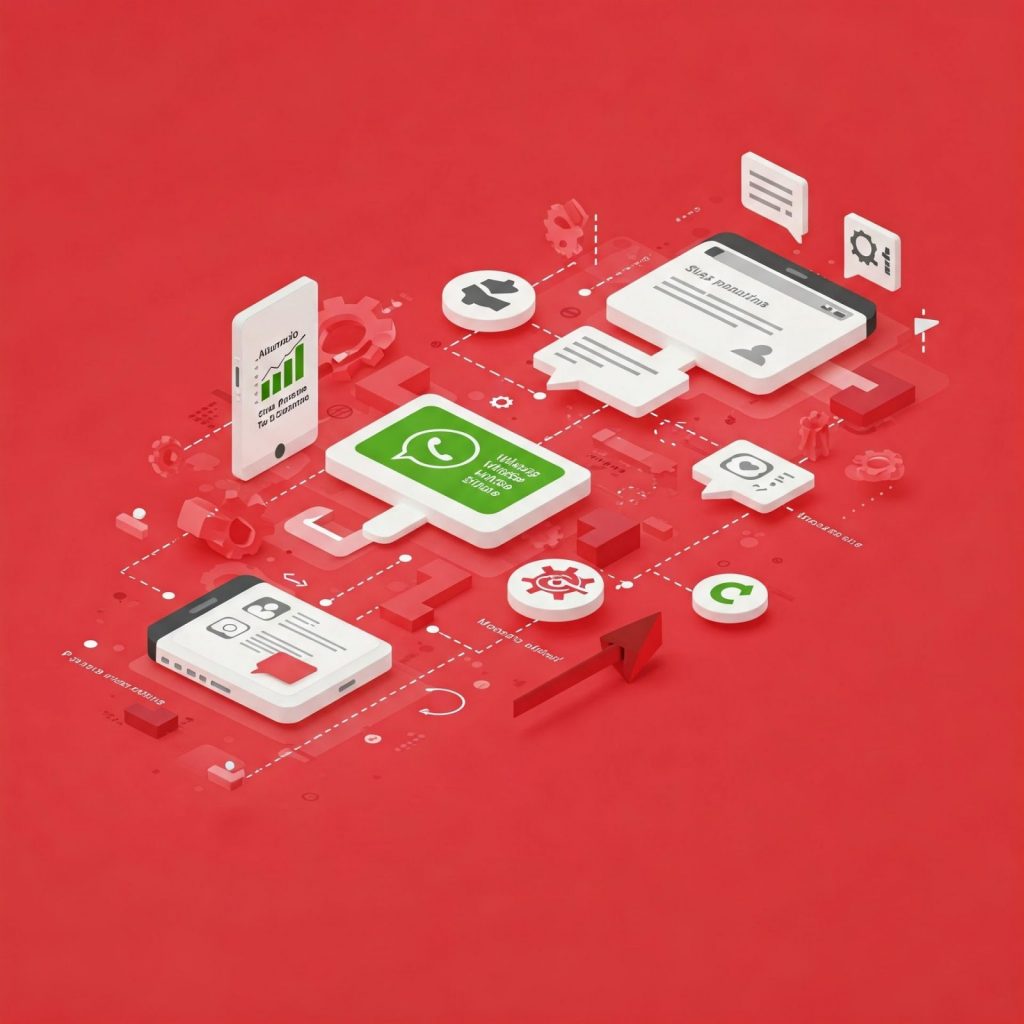 Ilustración isométrica vibrante en tonos rojos que representa la automatización del marketing de WhatsApp. Se observan elementos como un teléfono inteligente mostrando una interfaz de chat con burbujas de conversación, iconos de automatización (engranajes, flechas de flujo), y representaciones abstractas de mensajes y datos, simbolizando el proceso de automatización de campañas de marketing a través de WhatsApp.