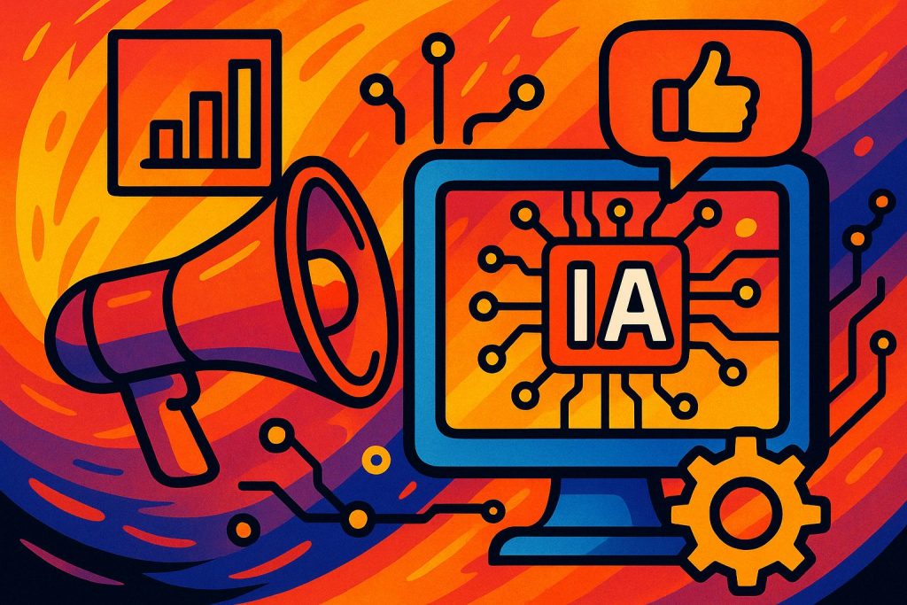 Ilustración vibrante estilo flat con íconos de marketing digital e inteligencia artificial: megáfono, chip con IA, gráfico de barras, engranaje y pulgar arriba, sobre un fondo dinámico en tonos rojos, naranjas y violetas.