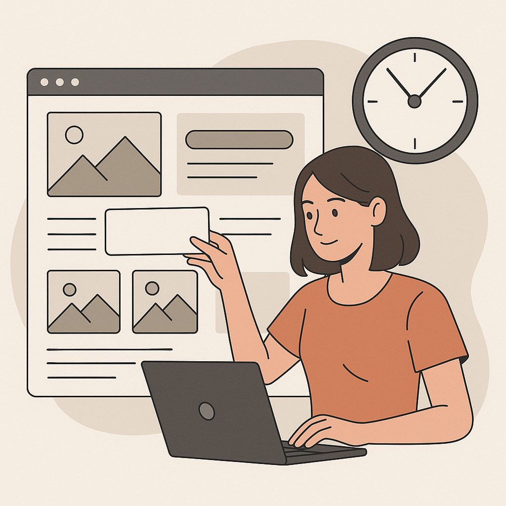 Ilustración de una mujer diseñando una página web autoadministrable en su laptop, con una ventana de navegador mostrando un esquema de sitio y un reloj grande al fondo, simbolizando la rapidez y facilidad para crear una web.