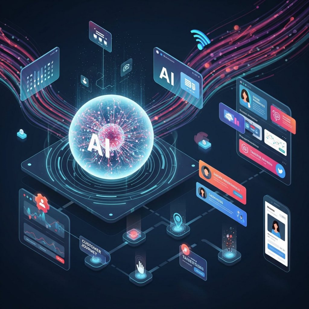 Ilustración futurista de alta tecnología que representa algoritmos de inteligencia artificial y flujos de datos en un dinámico paisaje de marketing. Se visualiza la IA como un orbe brillante con complejas redes neuronales, conectando e influyendo en los recorridos de los clientes, las plataformas de redes sociales y la publicidad dirigida.