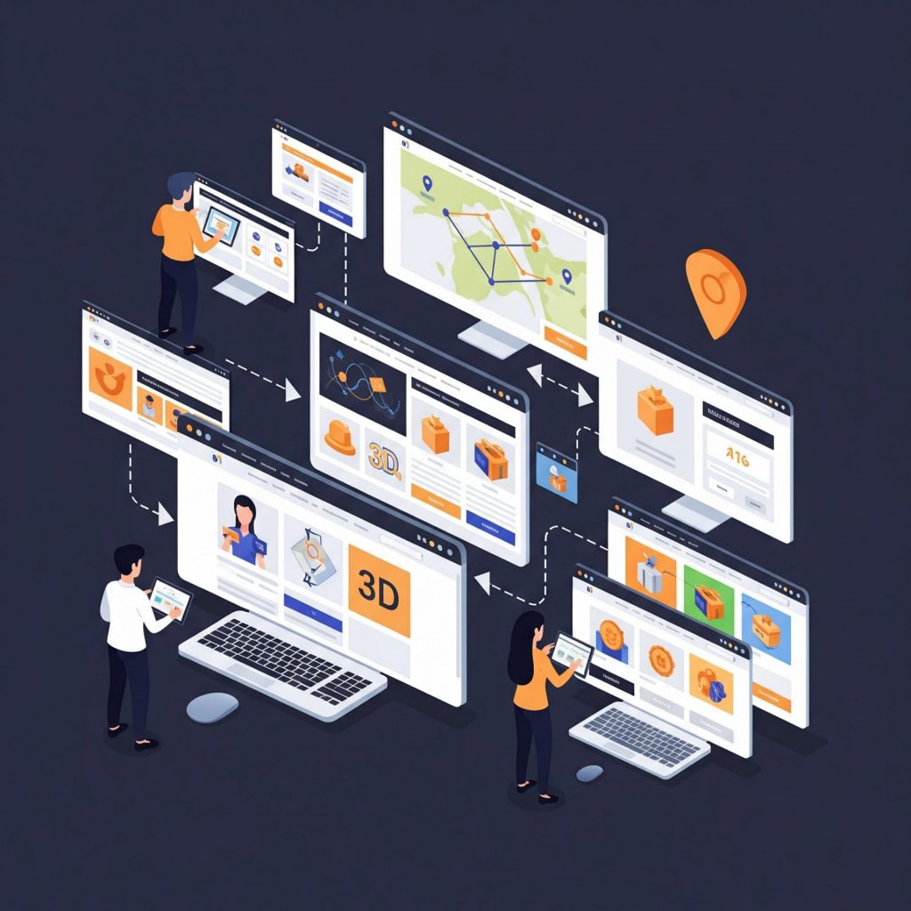 Ilustración de alta tecnología sin texto que muestra el proceso de creación de sitios web para pequeñas empresas, con elementos visuales de diseño, desarrollo y herramientas intuitivas para emprendedores.