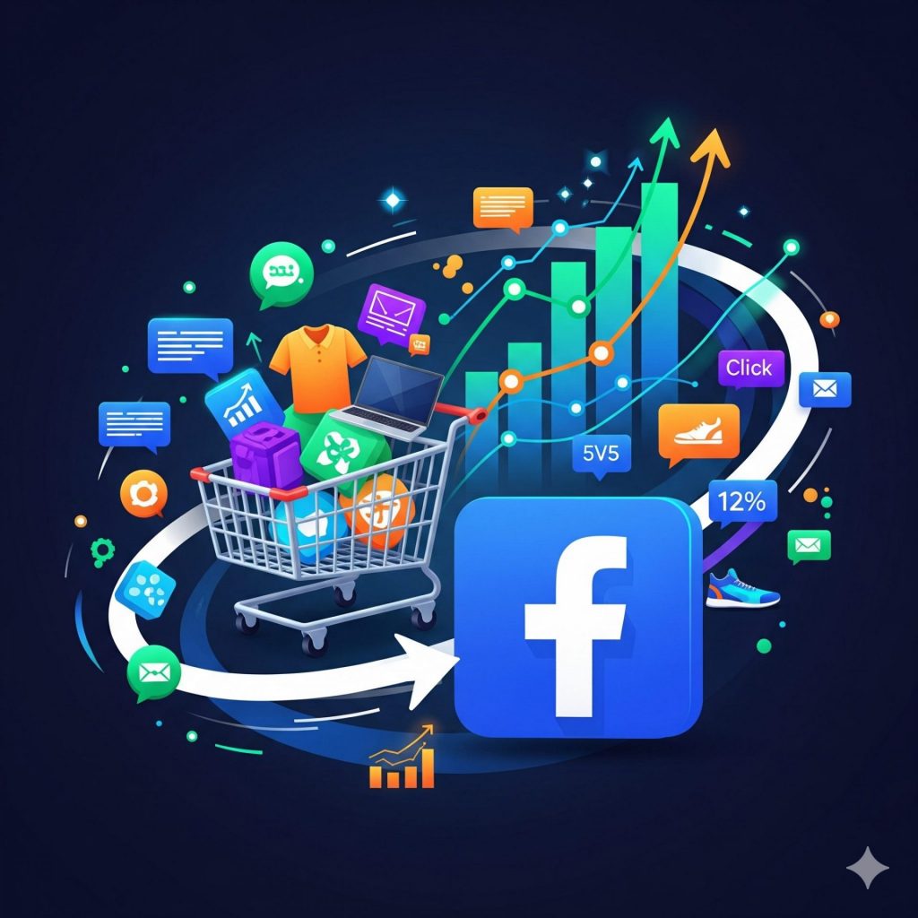Ilustración digital de un carrito de compras con productos, gráficos de crecimiento y el logo de Facebook, representando la optimización de anuncios para e-commerce.