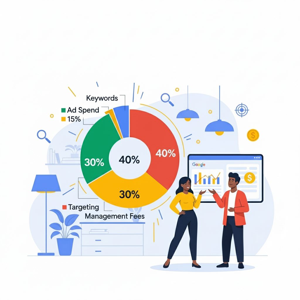 Ilustración de un gráfico de pastel que muestra el costo de Google Ads, junto a dos personas que analizan datos de una campaña de publicidad online.