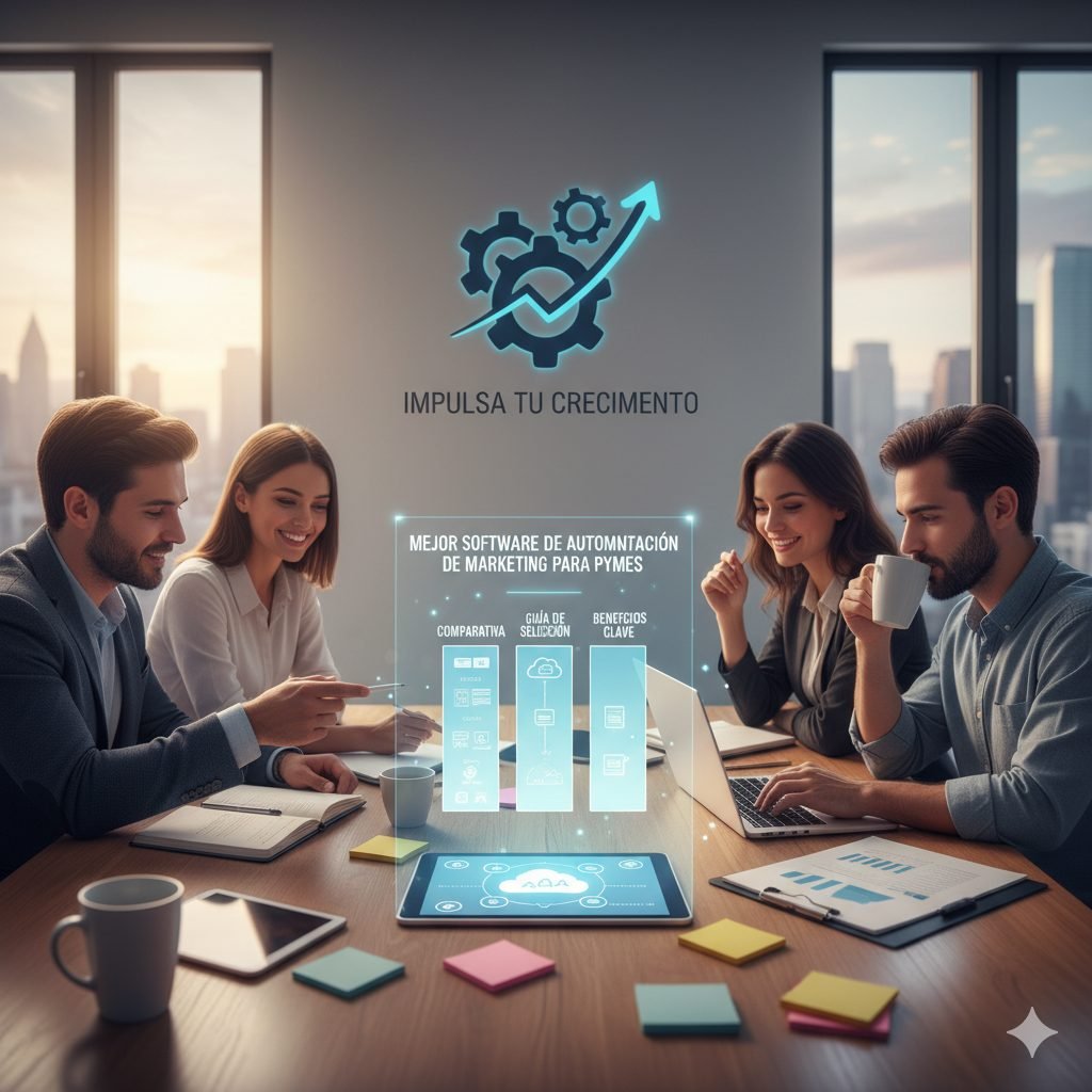 Cuatro profesionales de negocios colaborando en una mesa de conferencias moderna con una vista urbana de fondo. Una interfaz holográfica flotante muestra 'MEJOR SOFTWARE DE AUTOMATIZACIÓN DE MARKETING PARA PYMES' con secciones para 'COMPARATIVA', 'GUÍA DE SELECCIÓN' y 'BENEFICIOS CLAVE'. Un ícono de engranaje con una flecha ascendente y el texto 'IMPULSA TU CRECIMIENTO' aparece en la pared. La imagen representa la aplicación de tecnología para el crecimiento empresarial y la eficiencia.