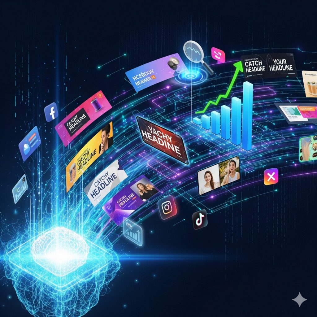 Ilustración abstracta de una mente artificial (cerebro o chip de IA) generando múltiples formatos de anuncios digitales (banners, videos) para diversas plataformas de redes sociales, con gráficos de crecimiento y elementos de marketing.