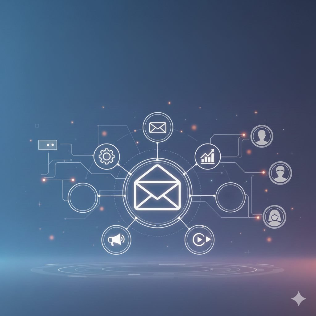 Diagrama visual de un sistema de automatización de email mostrando la interconexión entre el envío de emails, la gestión de campañas, la automatización, y los perfiles de usuario. Con un sobre central y elementos como engranajes, altavoces, gráficos de crecimiento y perfiles de personas, ilustra un flujo de trabajo optimizado para campañas de email marketing.